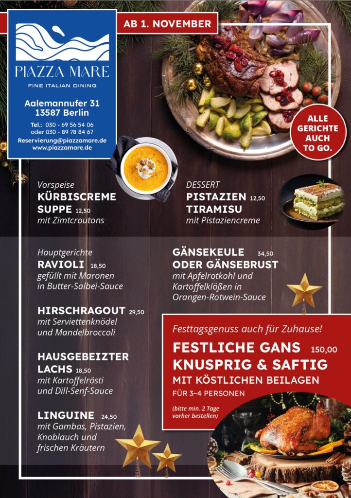 Weihnachtsmenü Plakat - Ganze Gans für 3-4 Personen 115 € - bitte 2 Tage vorher Vorbestellen